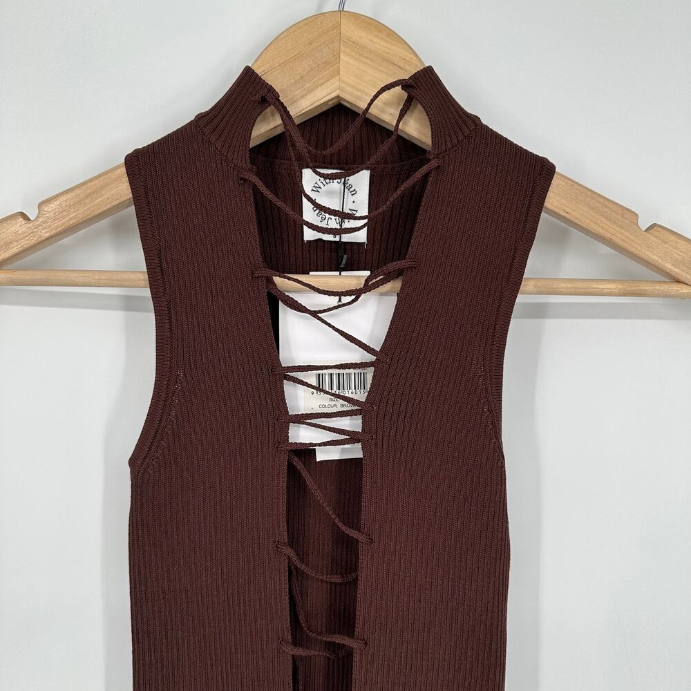 With Jean Amethyst Mini Dress Ribbed Lace Up Mock Neck Sleeveless Bodycon Brown - Picture 7 of 13